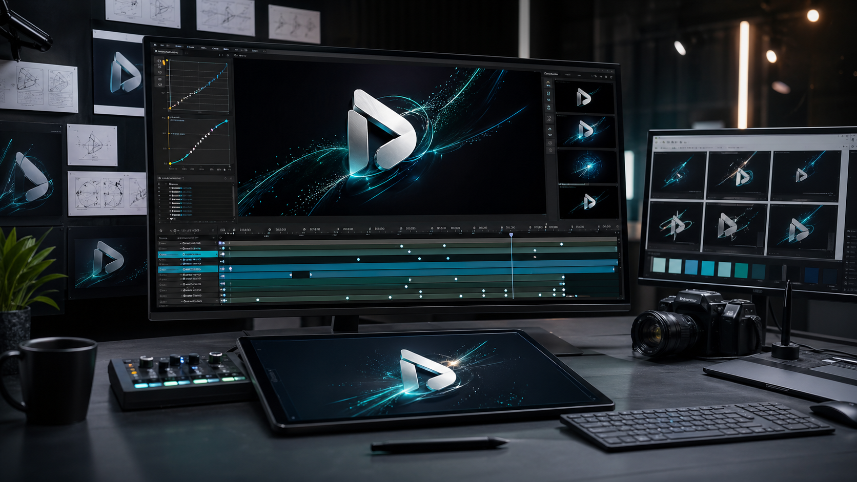 Animated logo design workstation with motion timeline, keyframes, and logo reveal frames