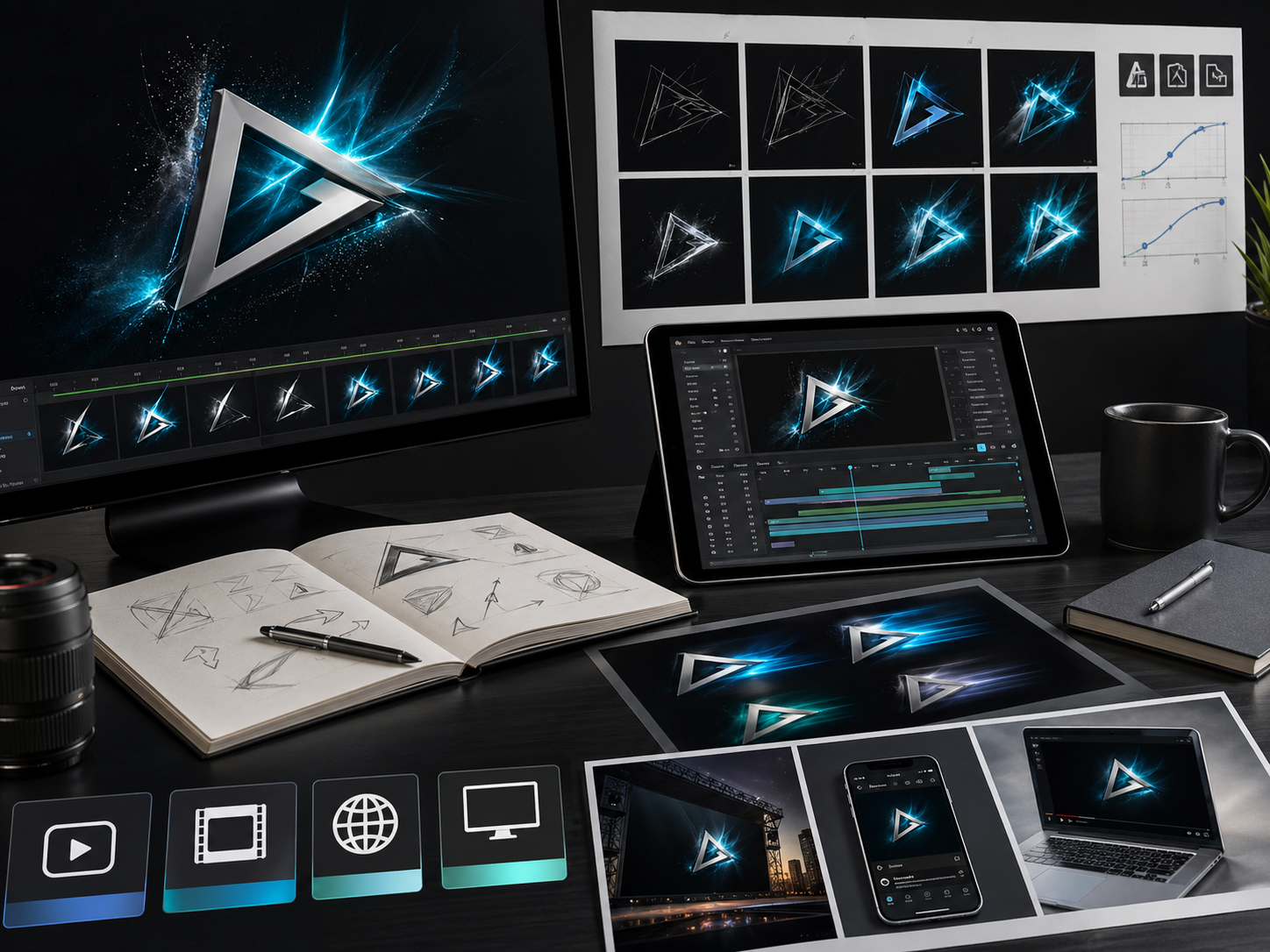 Animated logo production board with storyboards, timeline, keyframes, and export previews