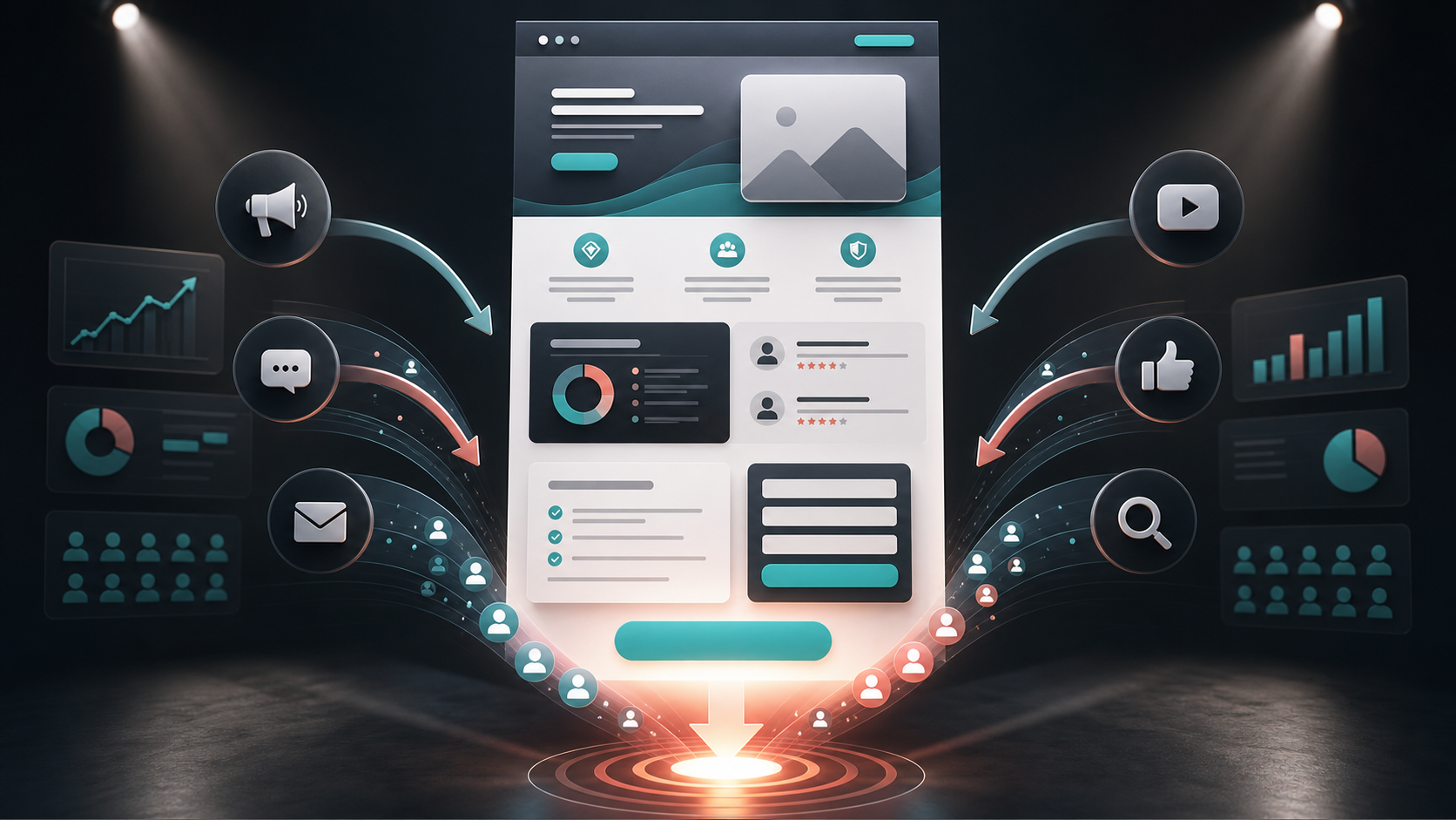 Landing page design with conversion funnel, offer section, and call-to-action layout