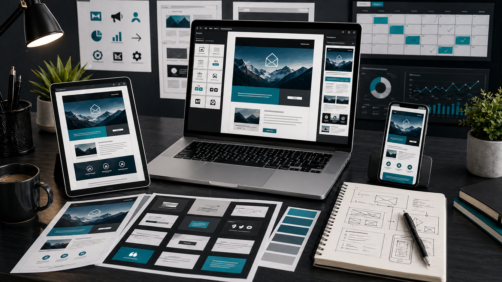 Newsletter design workstation with responsive email layouts, campaign blocks, and analytics cards
