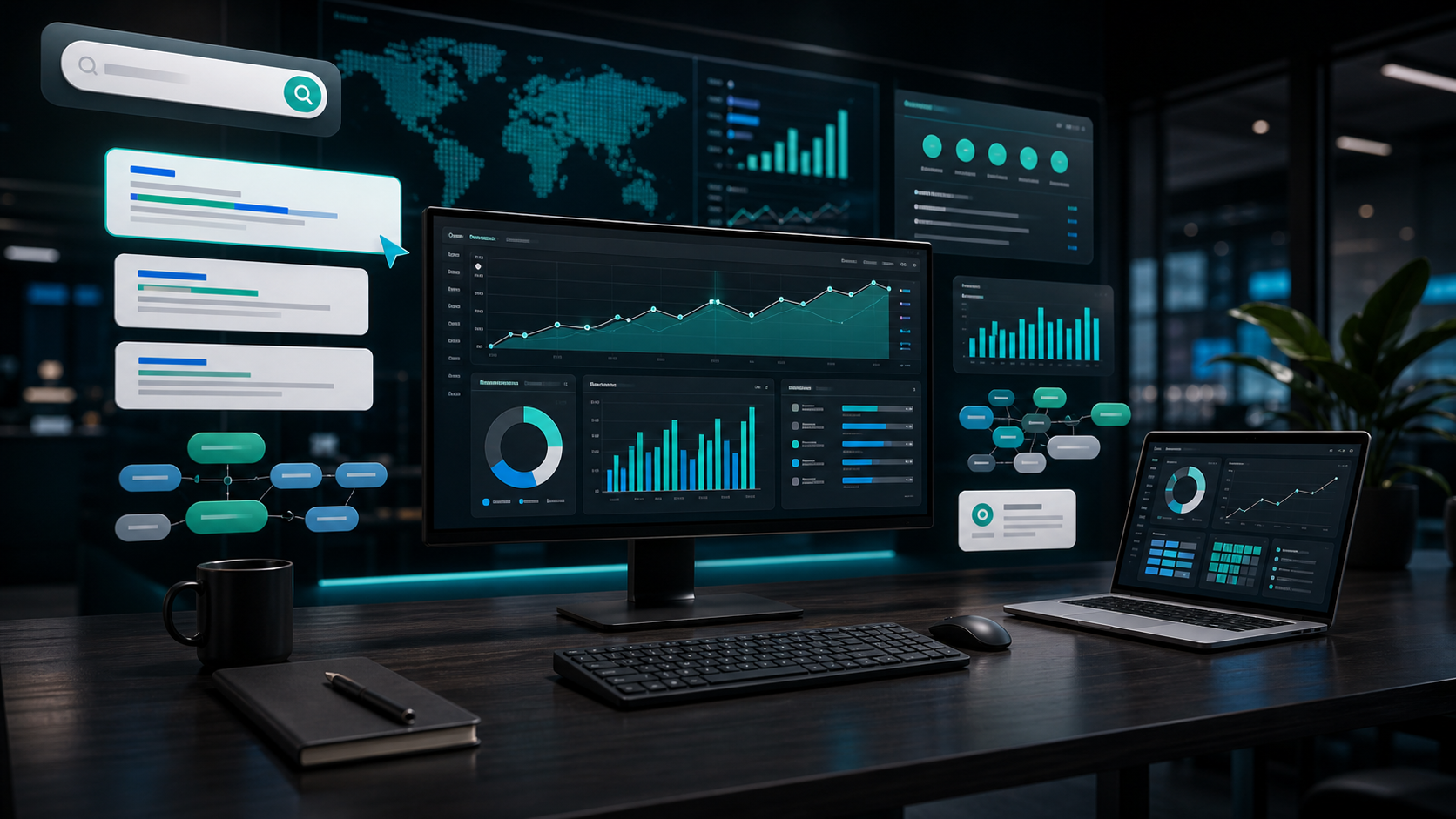 Search engine marketing dashboard with campaign strategy, search data, and growth analytics