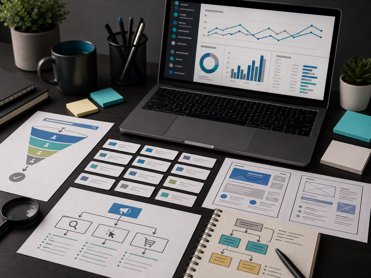 Search engine marketing planning workflow with keywords, landing pages, and performance reports