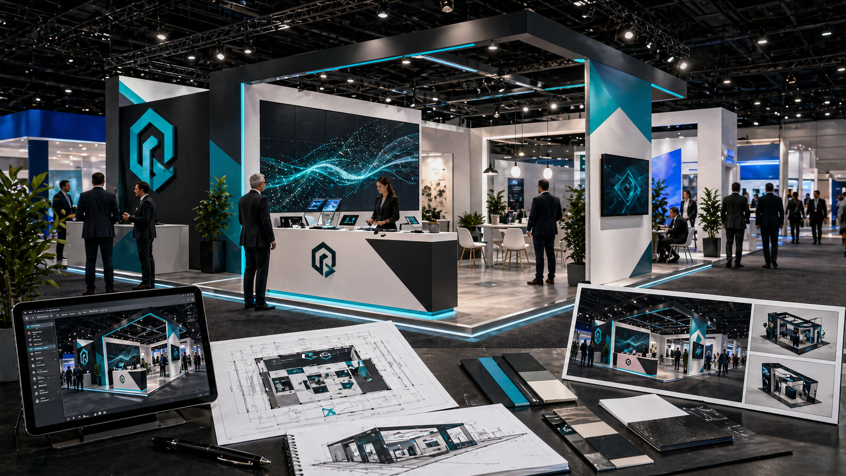 Tradeshow booth design with branded exhibition stand, lighting, displays, and visitor flow planning